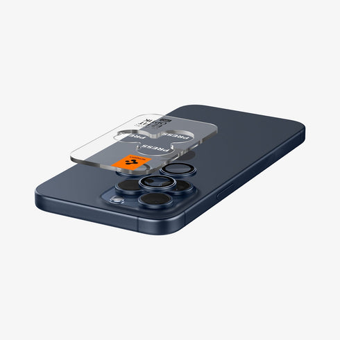 AGL07163 - iPhone 15 Pro / 15 Pro Max Optik Pro Lens Protector in natural titanium showing the device